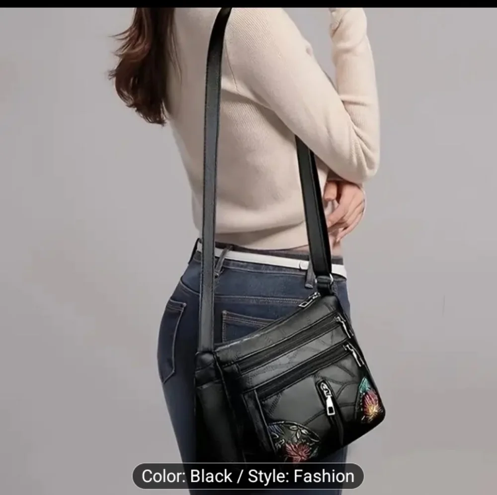 Black Leather Handbag CrossBody‎ Bag Hand Painted Black Shoulder New Z6